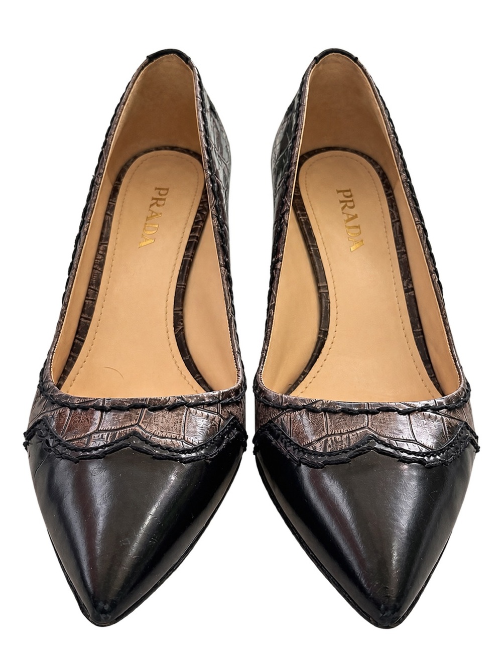 Prada Black Pointed-Toe Leather Heels with Croc Detail and Textured Trim